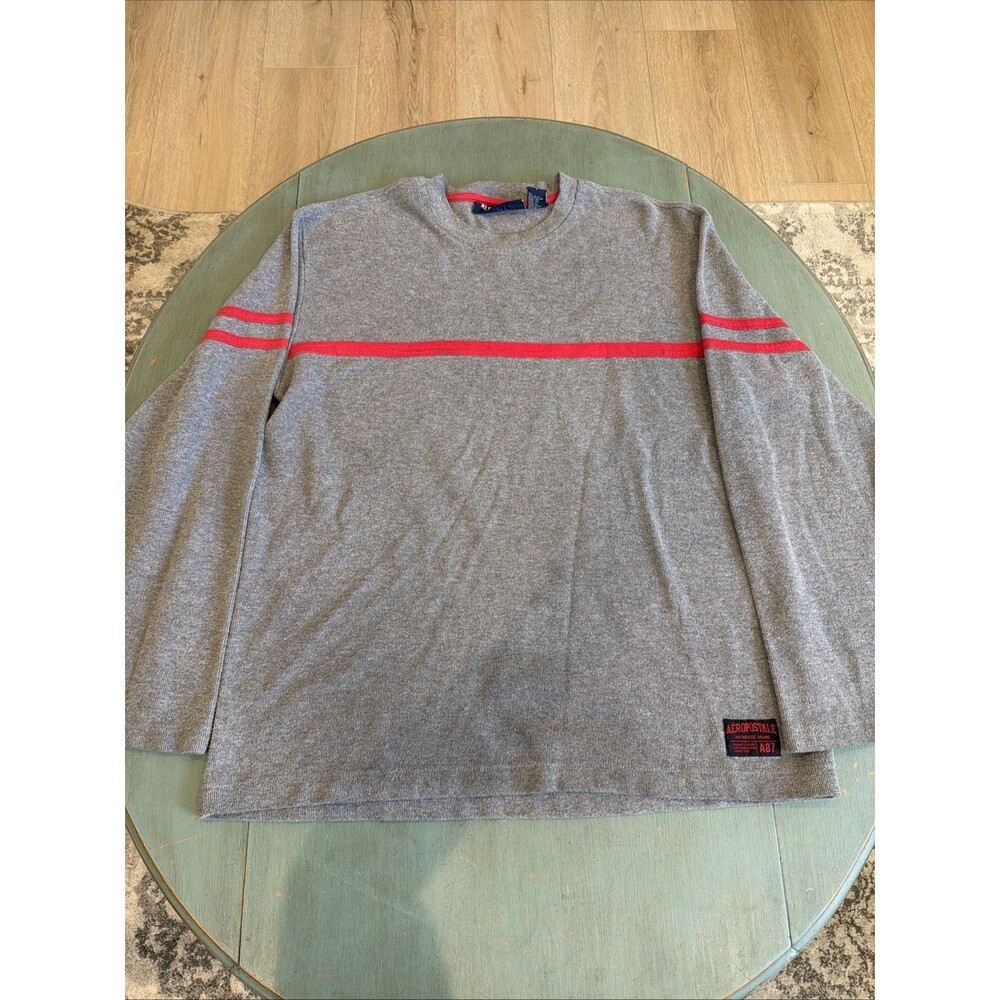 Y2K Aeropostale Sweater Mens L Gray Red Stripe Ribbed Knit Thermal Long‎ Sleeve